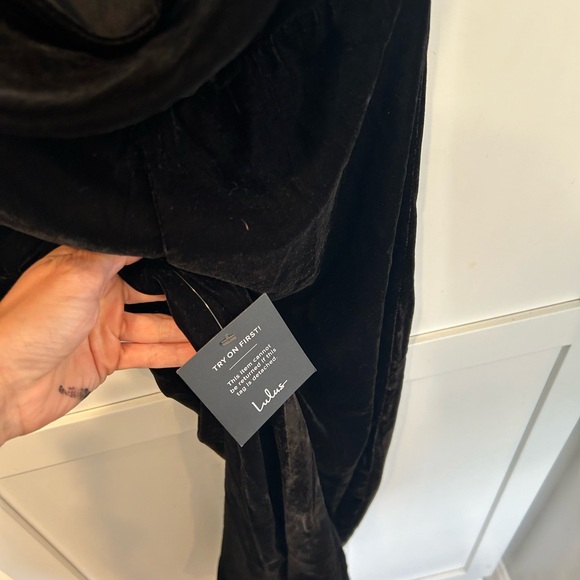 Decadent Delight Black Velvet Rhinestone low Back Midi Dress - Picture 8 of 10